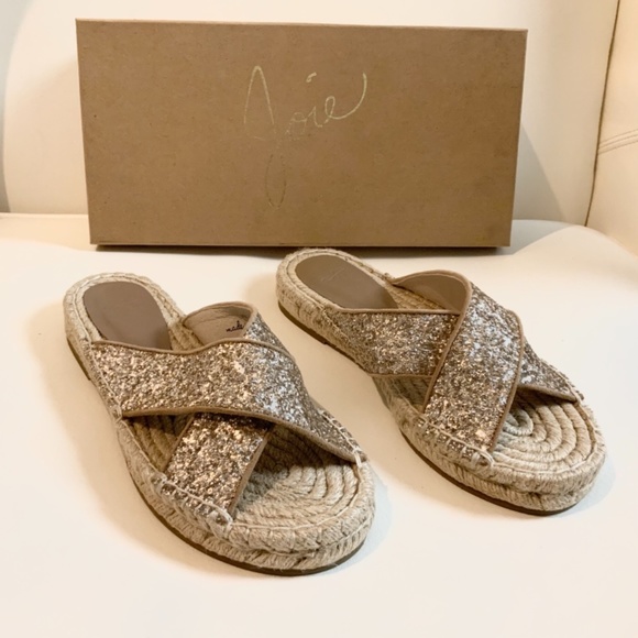 Joie Ianna Glitter Suede Espadrille Slide Sandals Gold Slip on Flat Mules 37.5 - Picture 7 of 11
